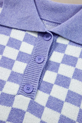 Purple Checkered Collared Buttons Plus Size Sweater