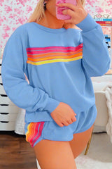 Black Colorful Striped Long Sleeve Pullover and Shorts Set