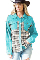 Sky Blue Plaid Patchwork Pockets Denim Jacket