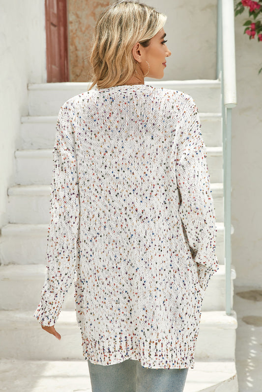 White Dotted Rib Knit Open Front Pocketed Cardigan