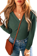 Blackish Green Waffle Wrap V Neck Plain Bodysuit