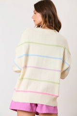 Pink Rainbow Striped Drop Sleeve Henley Sweater