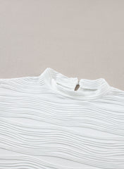 White Wavy Textured Mock Neck Cap Sleeve Top