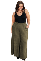 Jungle Green Plus Size Textured Shirred High Waist Pants