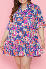 Blue Plus Size Floral Print Bell Sleeve Mini Dress