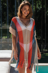 Multicolor Striped Tassel Crochet V Neck Beach Cover Up