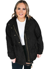 Black Plus Size Button Zipped Corduroy Jacket