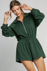 Blackish Green Solid Zip-up Drawstring Romper