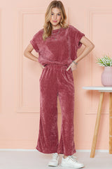 Rose Pink Mineral Wash Corduroy Short Sleeve Top and Crop Pants Set