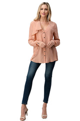 Ruffled Neck Button Front Shirts With Long Sleeves