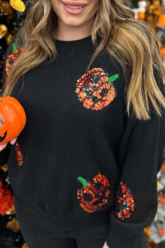 Black Halloween Sequin Pumpkin Pattern Plus Size Sweater