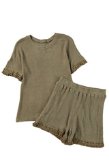 Laurel Green Fringe Trim Waffle Knit Textured Shorts Set