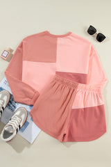 Sky Blue Colorblock Long Sleeve Top & Pocketed Shorts Set