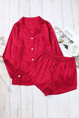 Red Leopard Satin Long Sleeve Top & Shorts Loungewear Set