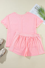 Pink Plus Size Waffle Knit Exposed Seam Tee and Shorts Set