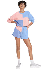 Sky Blue Colorblock Long Sleeve Top & Pocketed Shorts Set