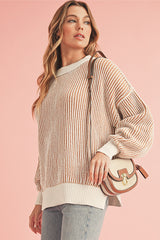 Chestnut Striped Contrast Trim Loose Sweater