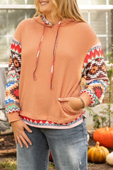 Khaki Geometric Patchwork Waffle Knit Plus Size Hoodie