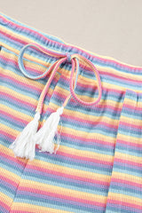 Black Stripe Rainbow Tee and Tassel Drawstring Wide Leg Pants Set