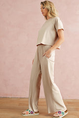 White Raw Hem Loose Tee and Wide Leg Pants Set