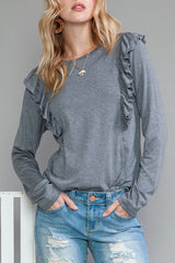 Dark Grey Solid Color Ruffle Long Sleeve Top