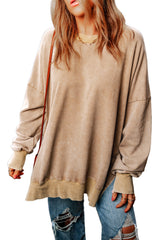 Khaki Plain Drop Shoulder Ribbed Trim Oversized Sweatshirt