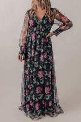 Black Mesh Sheer Shirred High Waist Floral Maxi Dress