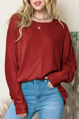 Red Solid Color Exposed Seam Long Sleeve Top