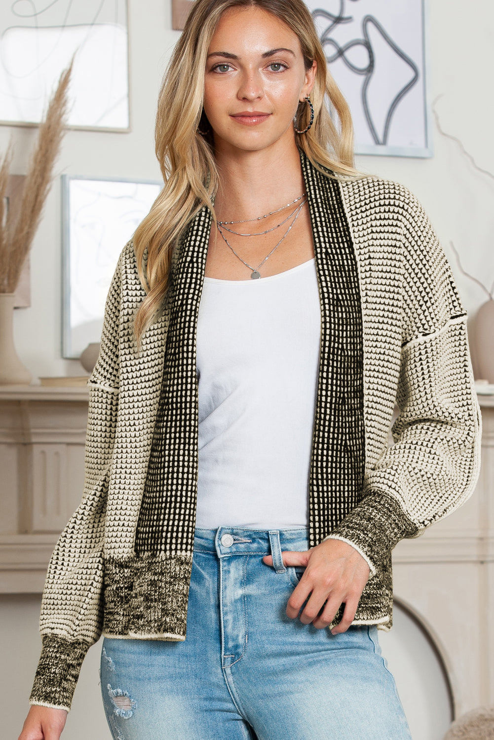 Apricot Gingham Contrast Trim Open Front Cardigan