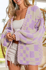 Orchid Petal Colorblock Checked Open Front Knitted Cardigan