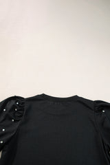 Black Rhinestone Pearl Puff Sleeve Plain T Shirt