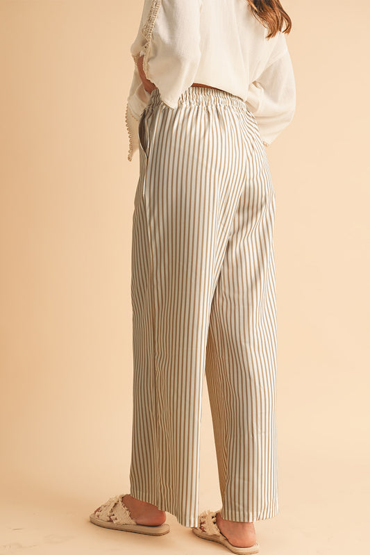 Khaki Striped Drawstring Waist Loose Pants