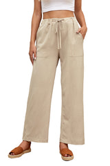 Khaki Drawstring Waist Crinkled Wide Leg Pants