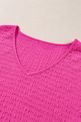 Bright Pink Textured V Neck Batwing Sleeve Plus Size Blouse