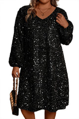 Black Plus Size Bubble Sleeve V Neck Sequin Dress