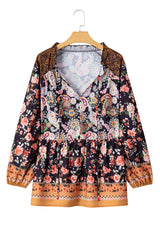 Black Plus Size Paisley Print V Neck Bubble Sleeve Blouse