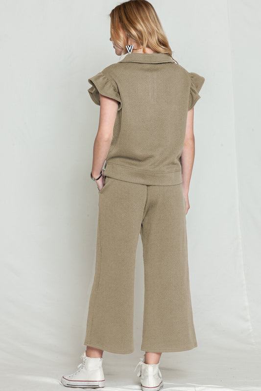 Khaki Textured Ruffle Cap Sleeve Top and Wide Leg Pants Set