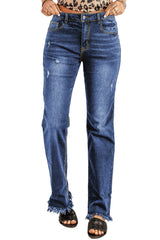 Blue Raw Hem High Waist Straight Leg Jeans