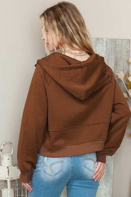 Brown Thumbhole Raglan Sleeve Half Zip Pullover Hoodie