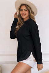 Black Crew Neck Ribbed Trim Knit Long Sleeve Top