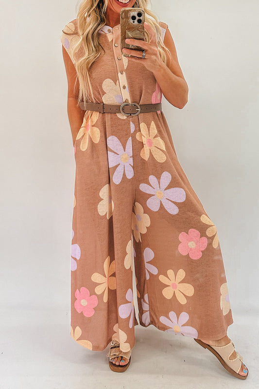 Khaki Floral Print Sleeveless Button up Wide Leg Loose Jumpsuit