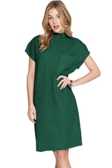 Blackish Green Patch Pocket Knit Short Sleeve Sweater Dress