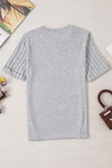 Gray Ribbed Splicing Short Sleeve Round Neck T-shirt