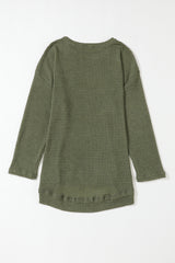 Khaki Plain Waffle Knit Drop Sleeve Side Slits Oversized Top