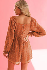 Orange Swiss Dot Square Neck Long Sleeve High Waist Romper