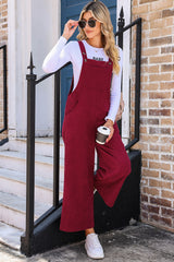 Red Corduroy Side Pockets Wide Leg Overall