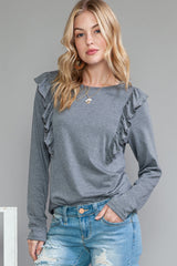 Dark Grey Solid Color Ruffle Long Sleeve Top