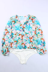 Light Blue Floral Print Boho Wrap V Neck Puff Sleeve Bodysuit