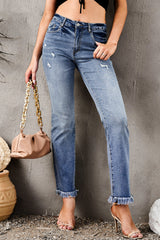 Blue Raw Hem High Waist Straight Leg Jeans