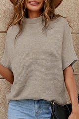 Coffee Mock Neck Short Batwing Sleeve Sweater